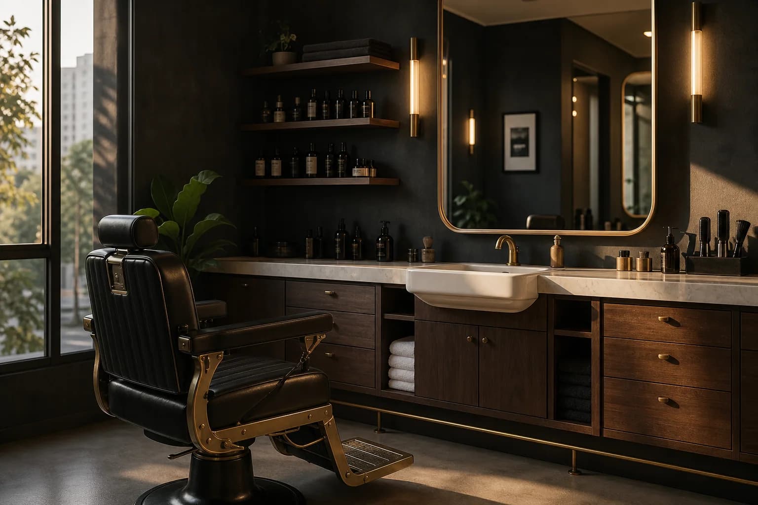 Detalhe das ferramentas de corte organizadas na bancada da barbearia