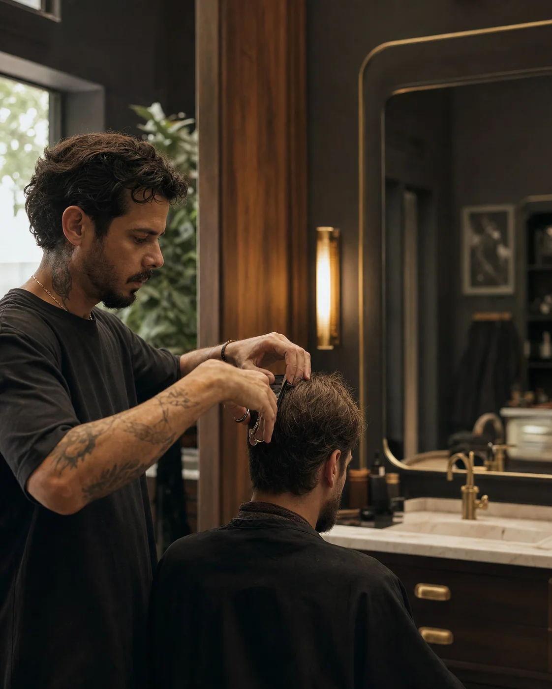 Barbeiro finalizando um corte masculino em um estúdio contemporâneo